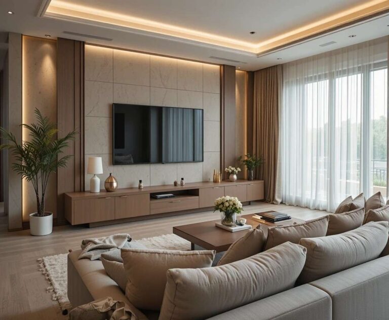 Beautiful living room TV wall ideas with cozy neutral decor and ambient lighting
