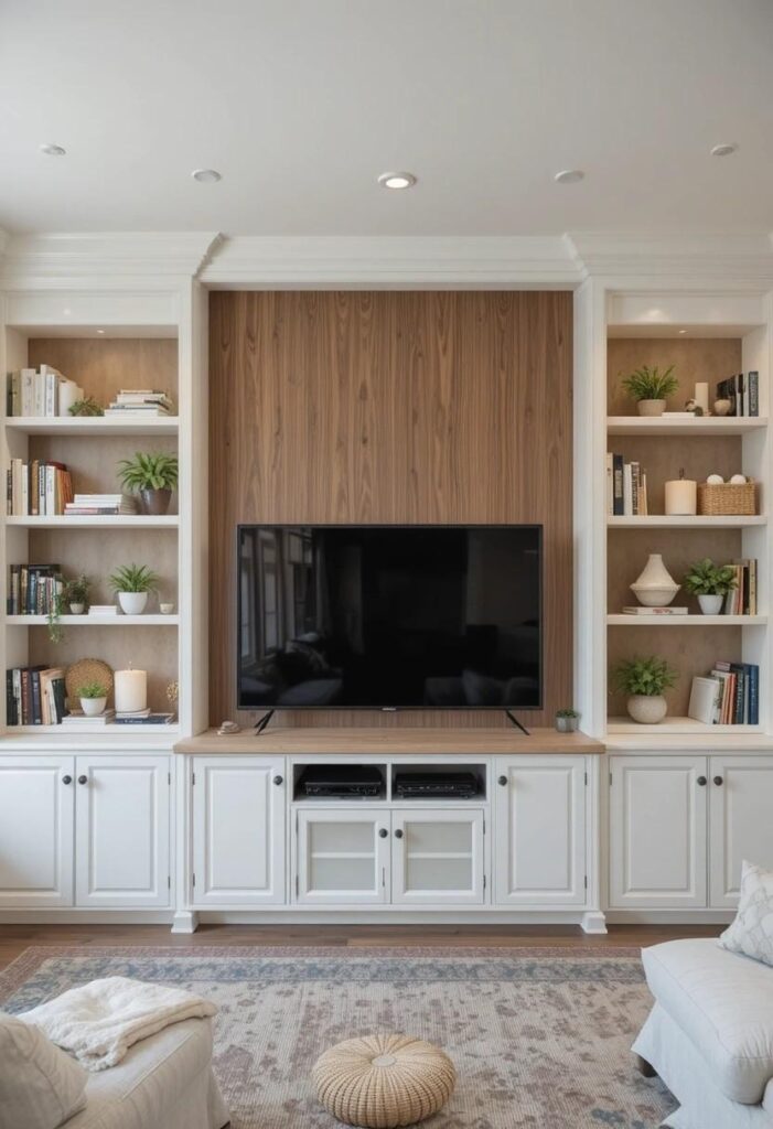 Classic built-in bookshelf TV wall in white and warm wood with styled shelves and plants