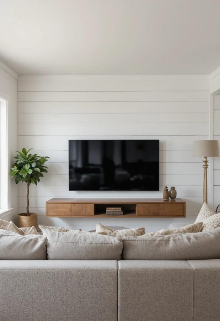 White shiplap accent wall behind TV with floating media console in farmhouse living room