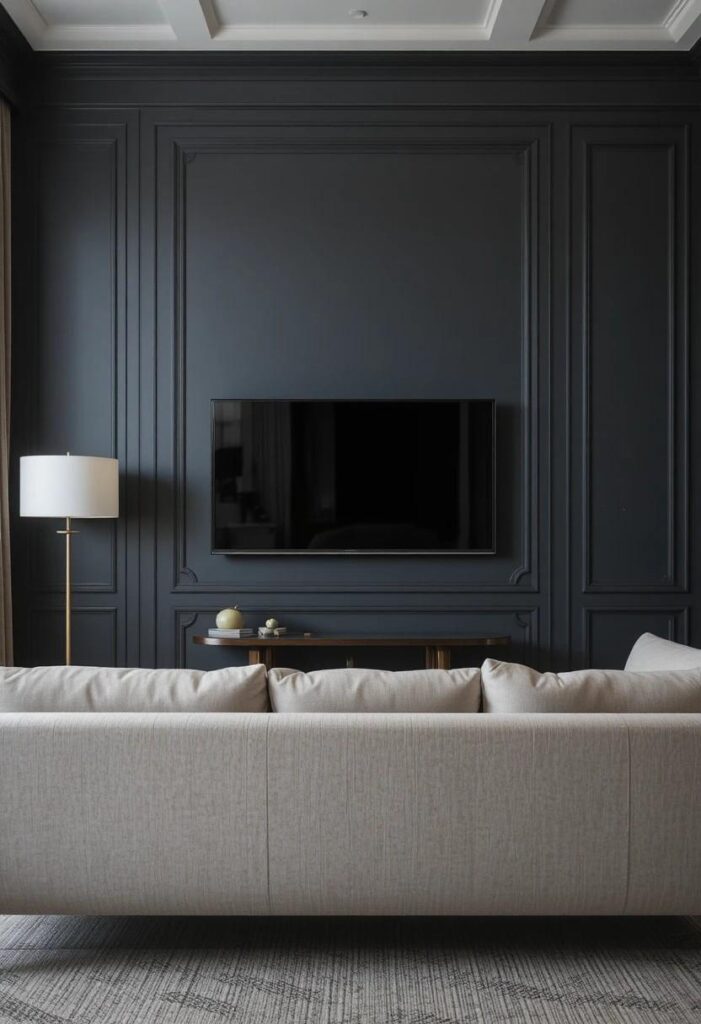 Dark charcoal moody painted TV wall with brass accents and cream sofa in modern living room