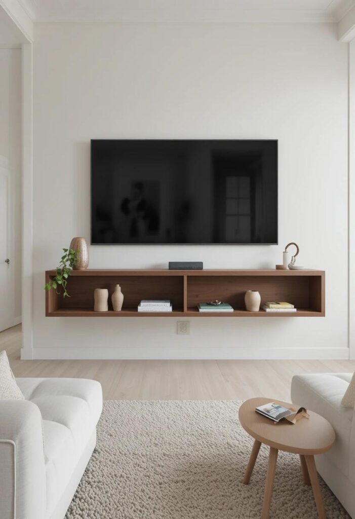 Sleek floating walnut media console with open shelving under wall mounted TV in minimalist living room