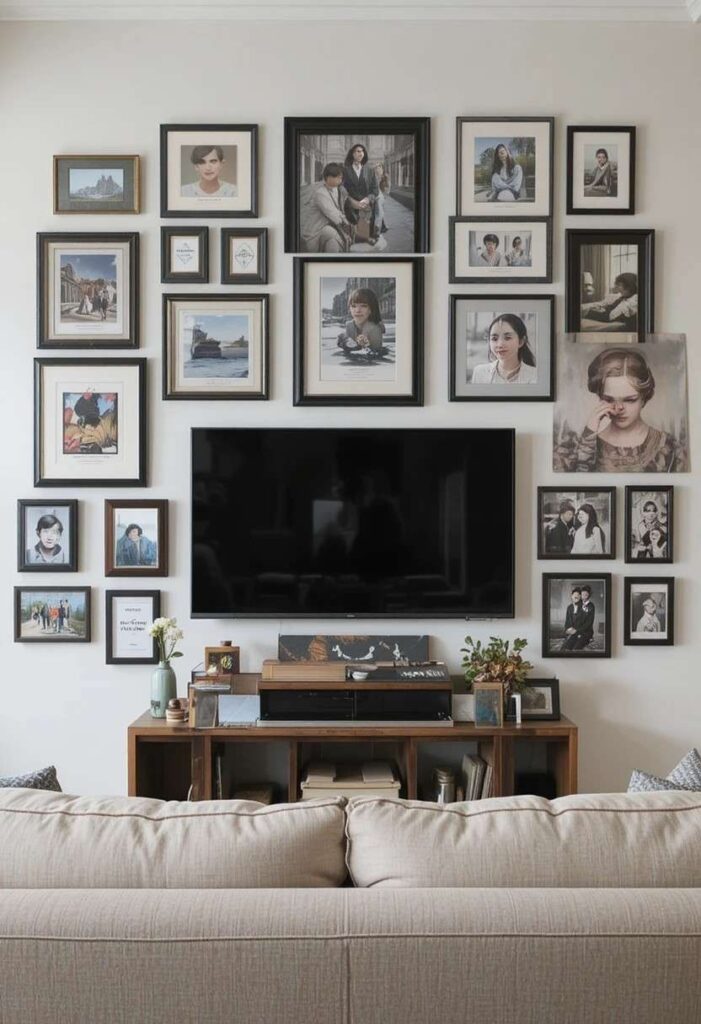 Gallery wall surrounding TV with black frames art prints and mirrors in cozy living room