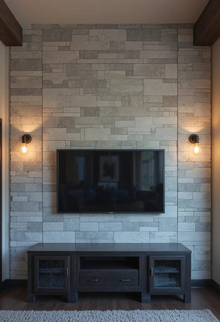 Grey stone veneer textured TV wall with Edison sconces and dark wood console in modern living room