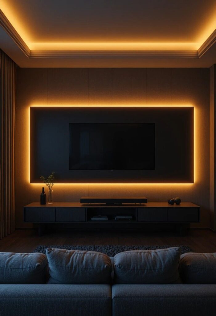 LED backlit TV panel with warm amber glow creating cinematic atmosphere in dark modern living room