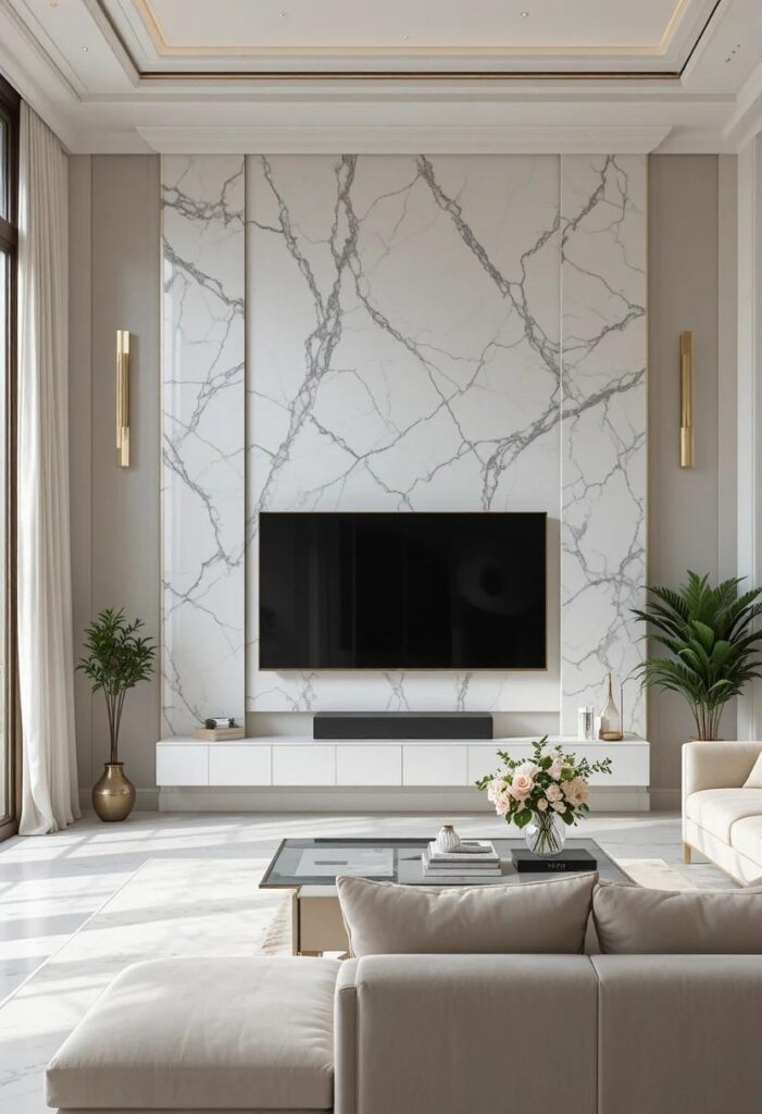 White Carrara marble feature wall behind TV with gold accents and cream velvet sofa in luxury living room