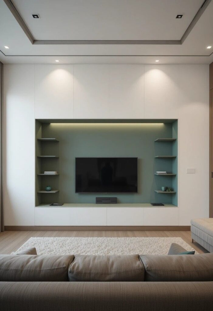 Recessed TV niche with sage green painted interior flush mounted screen in modern minimalist living room