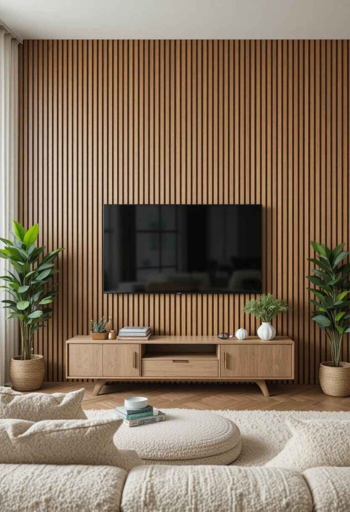 Warm oak vertical wood slat panel TV wall with boucle sofa and plants in Scandinavian living room