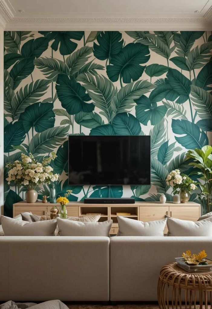 Bold botanical emerald green wallpaper TV wall with linen sofa and rattan furniture in stylish living room