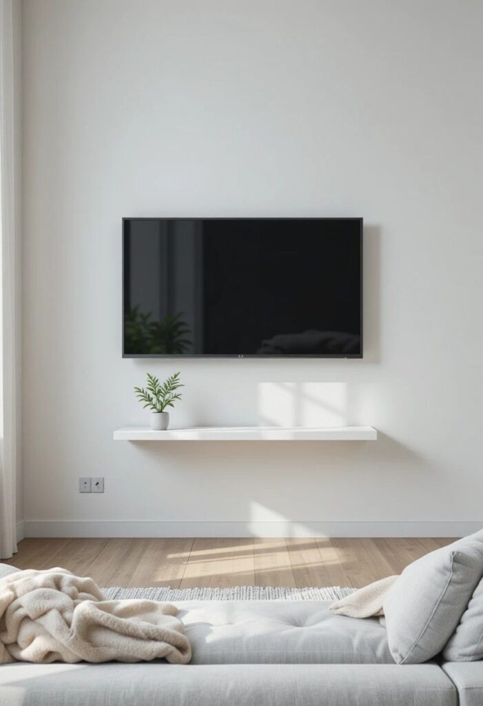 Clean minimalist white TV wall with concealed cables and single floating shelf in bright modern living room