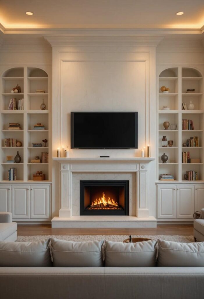 Fireplace and TV combined white plaster feature wall with built-in alcoves in cozy warm living room