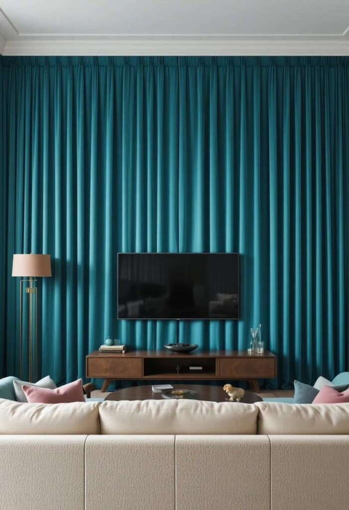 Floor to ceiling teal velvet curtain backdrop TV wall with cream sofa and gold lamp in elegant living room