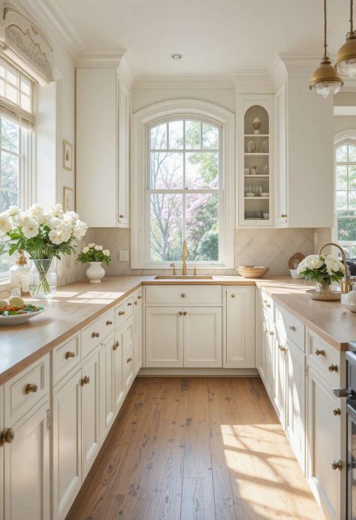 Warm white kitchen cabinets with brass hardware and wood countertops