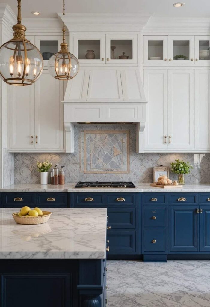 Navy blue kitchen cabinets with gold hardware and white marble countertops