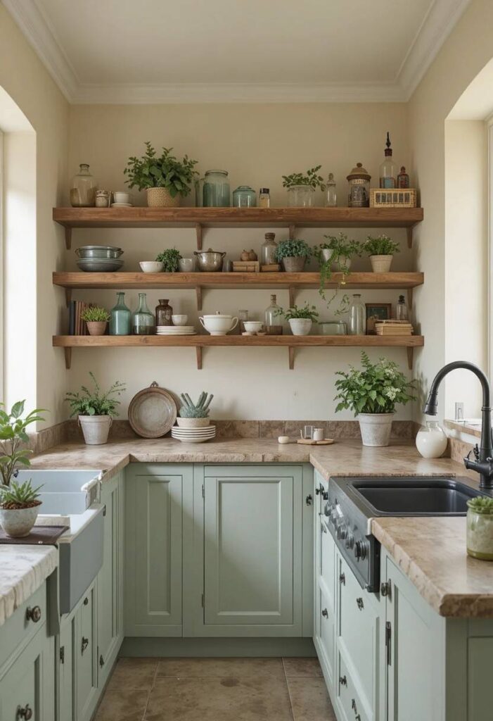 Sage green kitchen cabinets with cream walls and natural stone countertops