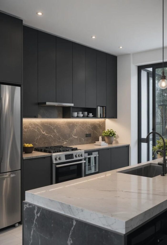 Charcoal gray modern kitchen cabinets with concrete countertops and under cabinet lighting
