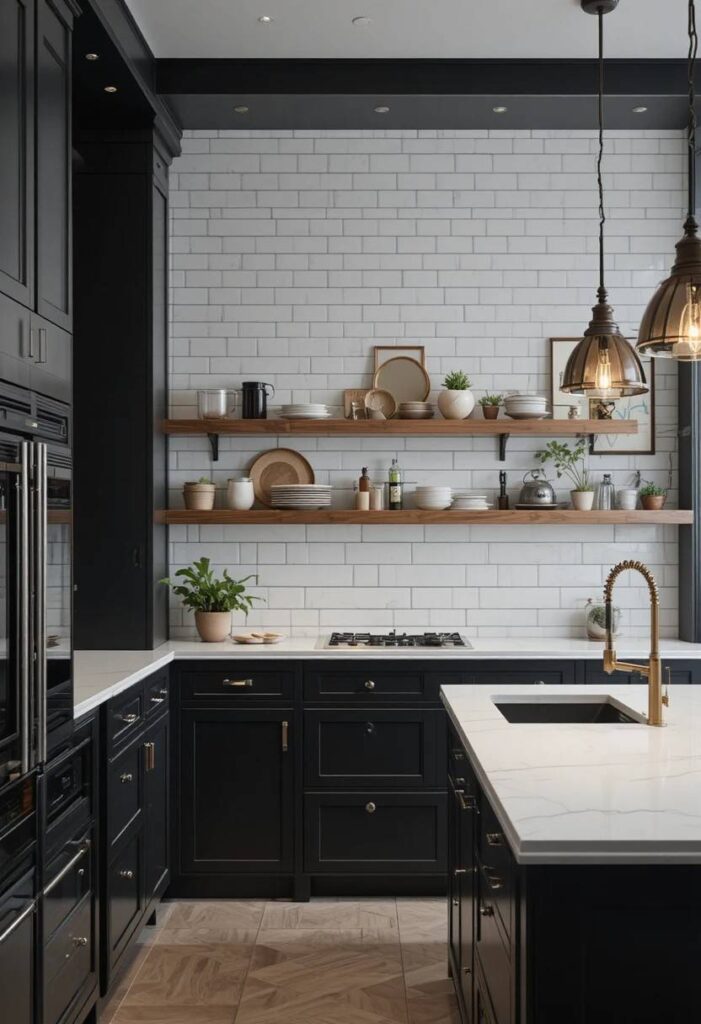 Matte black kitchen cabinets with white countertops and subway tile backsplash