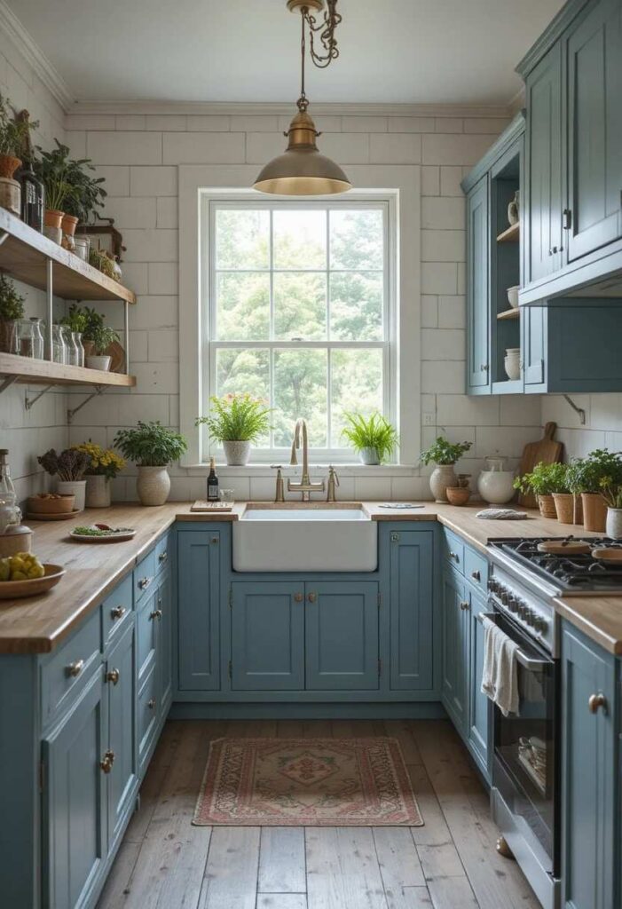 Dusty blue farmhouse kitchen cabinets with copper fixtures and white shiplap walls