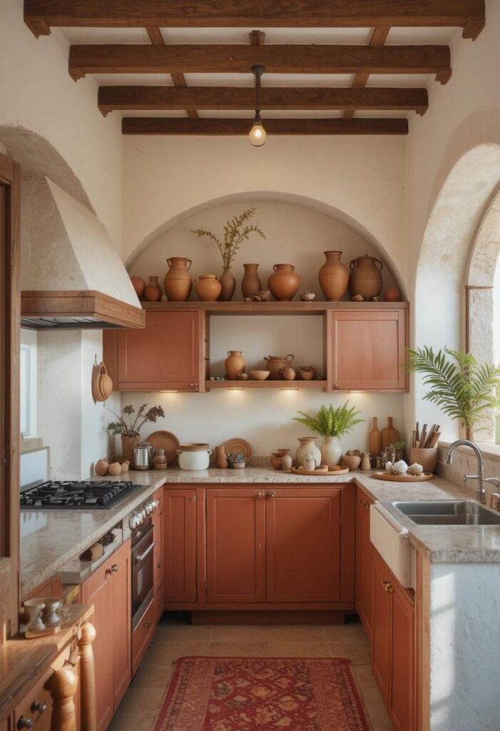 Terracotta kitchen cabinets with natural wood accents and boho Mediterranean style