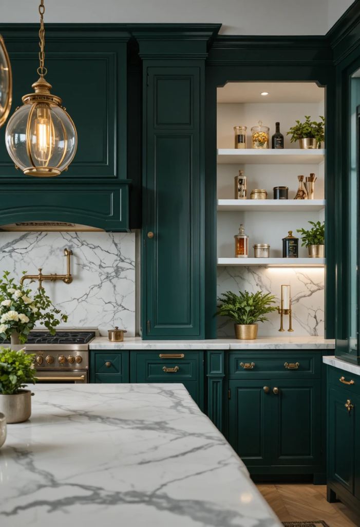 Forest green kitchen cabinets with brass hardware and white marble countertops