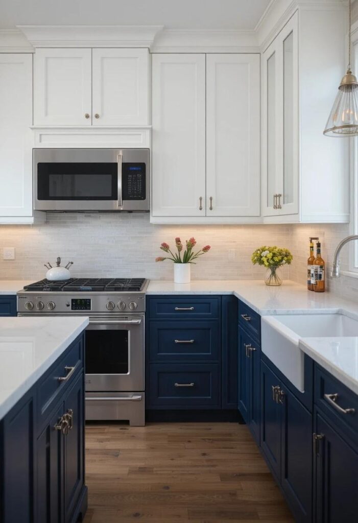 Two tone kitchen cabinets with white uppers and navy blue lowers for a modern look