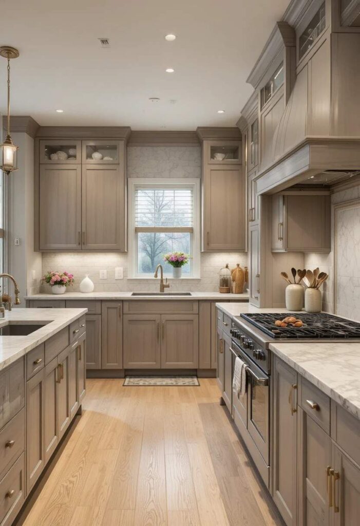 Warm greige kitchen cabinets with neutral stone countertops and wood flooring