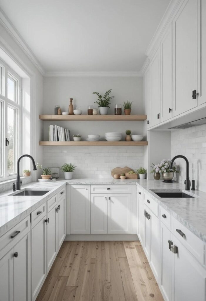 Bright white minimal kitchen cabinets with matte black hardware and natural light