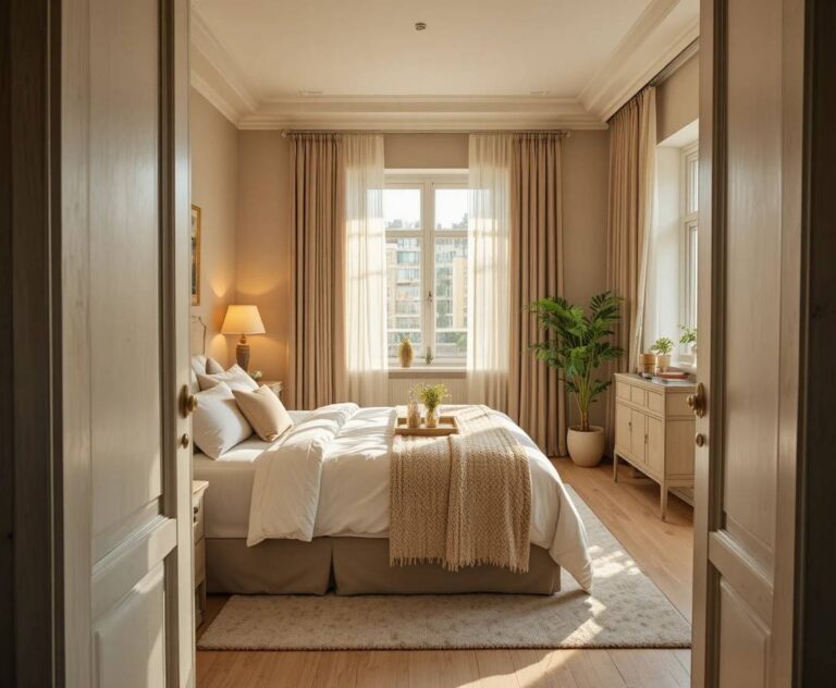 Warm inviting guest bedroom with layered white bedding, glowing lamp, welcome tray, cozy feel.