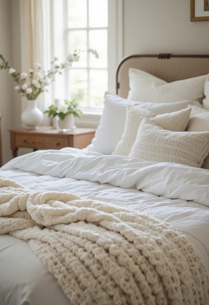 Guest bed with layered white bedding, knit throw, textured pillows, boutique hotel feel.