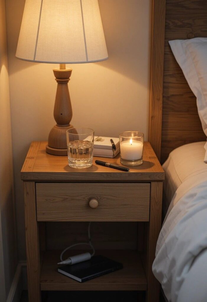 Small wooden nightstand with water glass, candle, charging cable, notepad, guest room essentials.