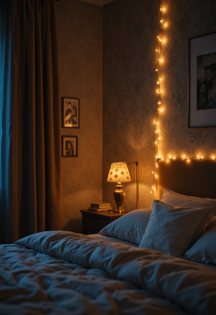 Cozy guest bedroom with warm bedside lamp and fairy lights creating a soft glow.