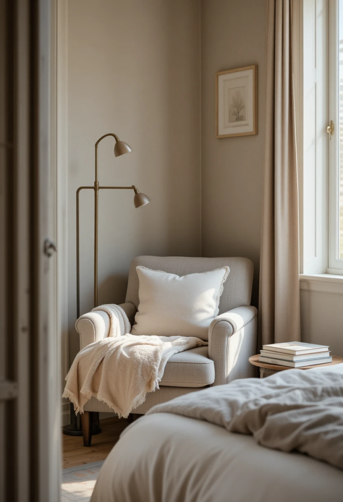 Cozy guest bedroom reading nook with armchair, throw blanket, floor lamp, and stacked books.