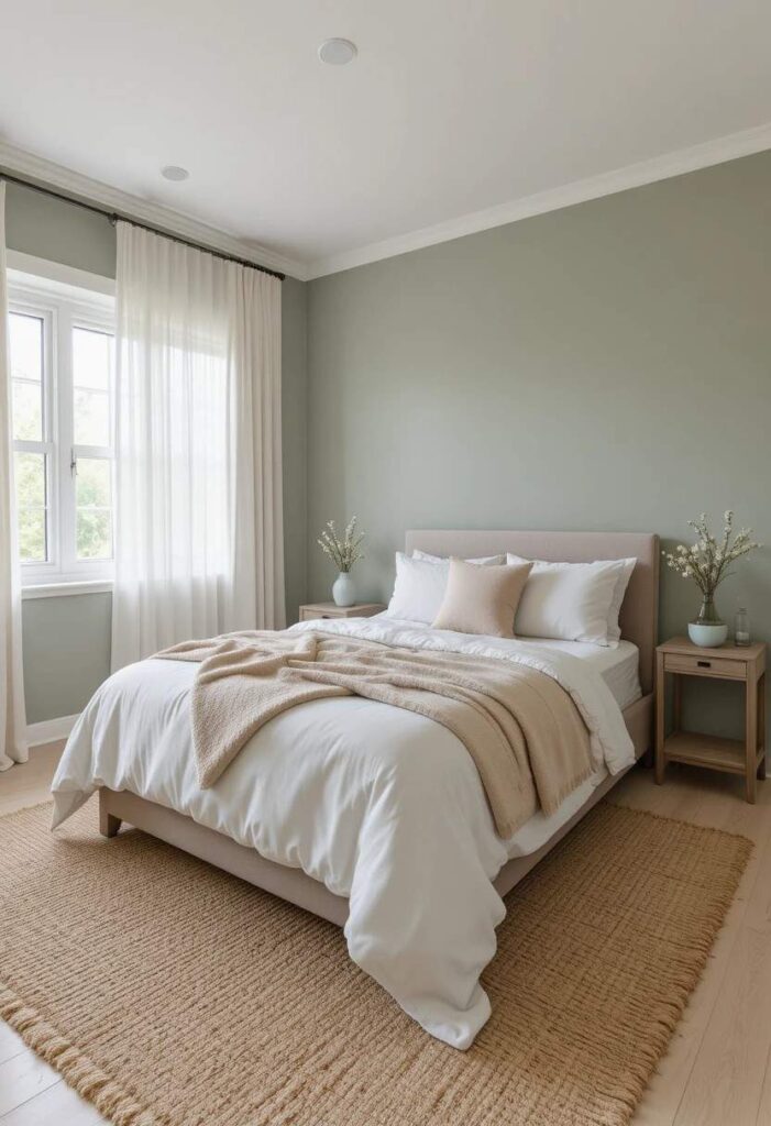 Calm neutral guest bedroom with sage green walls, white linen bedding, woven rug, sheer curtains.