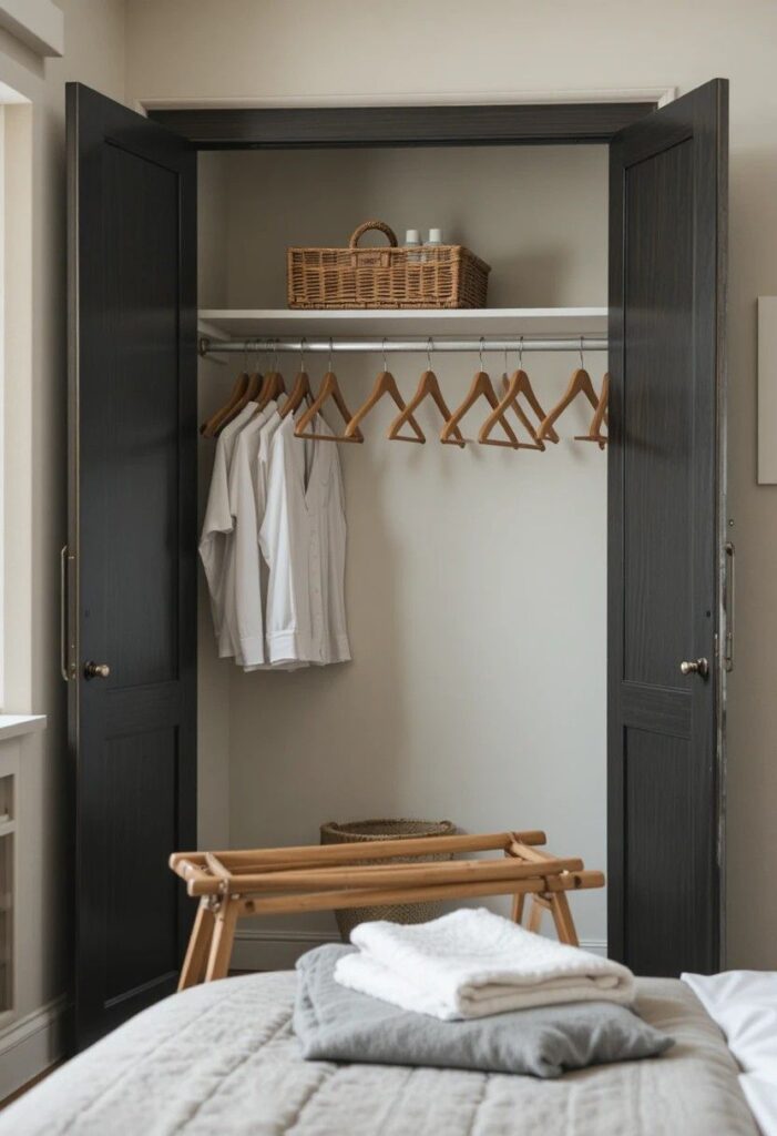 Guest bedroom wardrobe with empty hangers, toiletry basket, luggage rack, dedicated storage space for visitors.