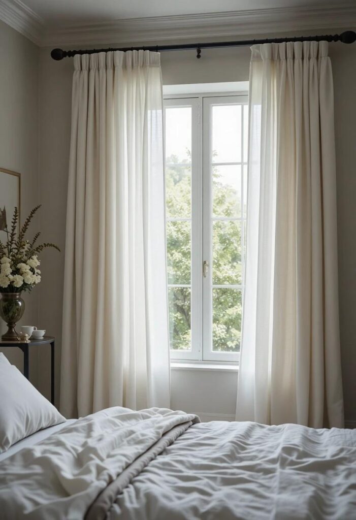 Sheer white linen curtains flowing softly in bright airy guest bedroom hung high and wide dreamy elegant look.