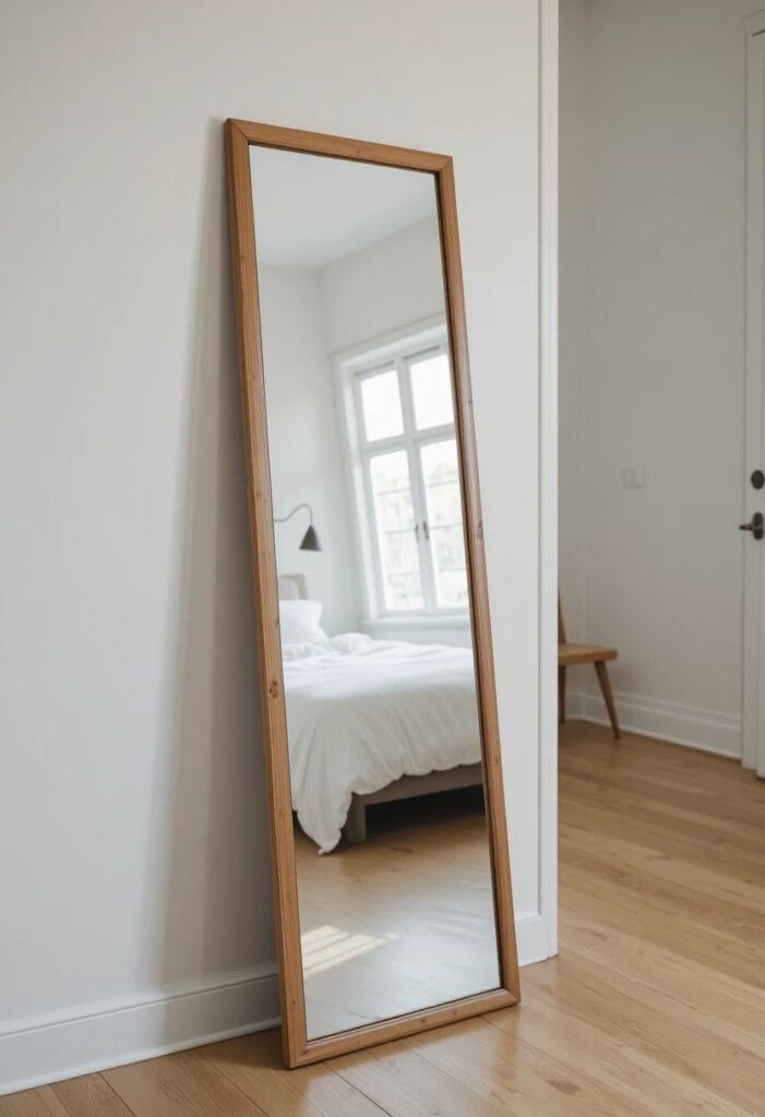 Full length wood framed mirror leaning against white guest bedroom wall reflecting natural light, neatly styled bed.