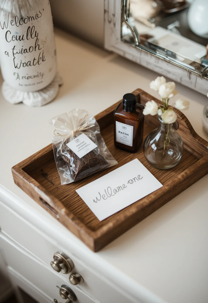Wooden welcome tray on guest room dresser with chocolate, herbal tea, lotion, note, fresh flower.