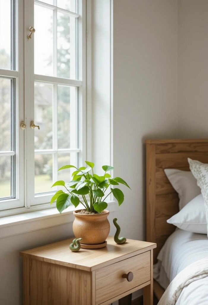 Small pothos and snake plant on guest room windowsill and nightstand adding natural fresh greenery.