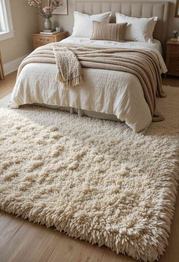 Soft ivory plush rug anchoring guest bed coverage sides adding warmth coziness bedroom floor