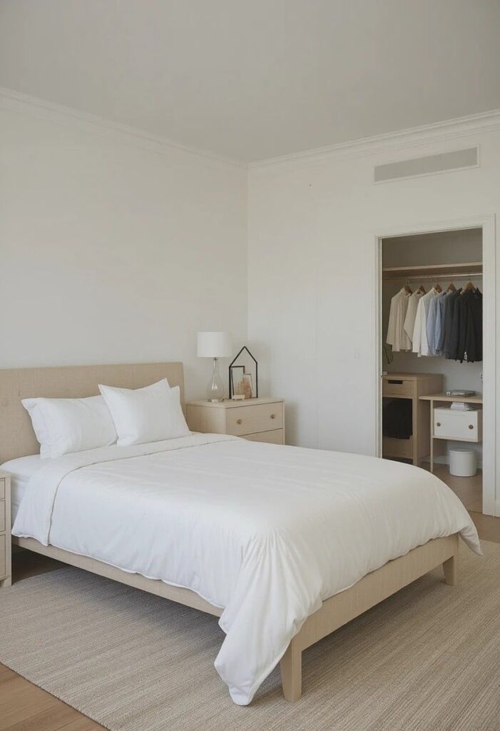 Clean minimal clutter free guest bedroom with clear surfaces, organized wardrobe, simple neutral decor calm welcoming feel.