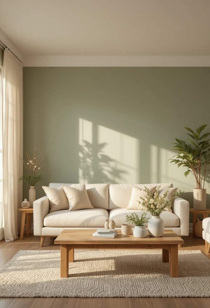 Sage green accent wall in a cozy living room remodel