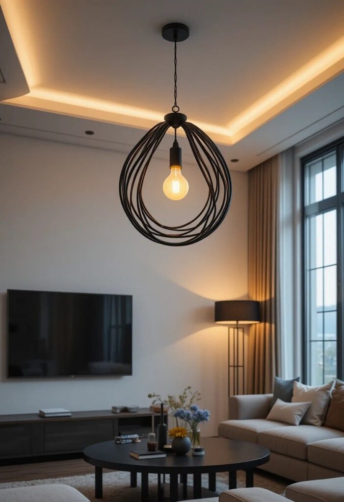 Statement pendant light fixture in a modern living room