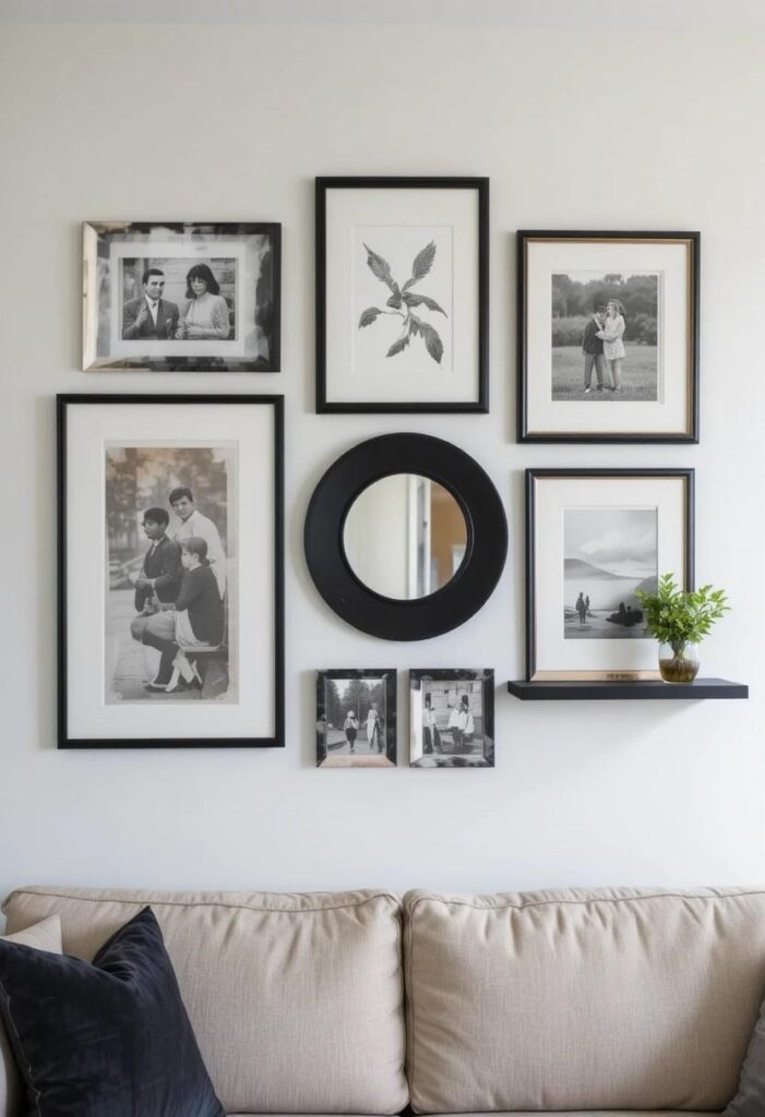 Gallery wall with black frames and personal photos above a sofa