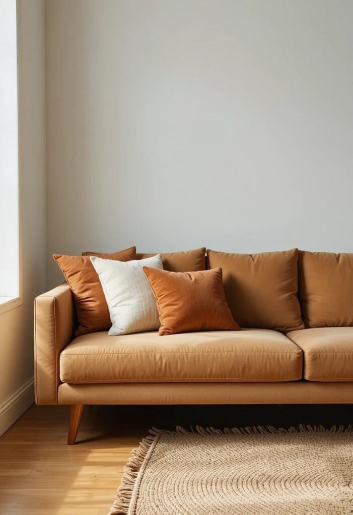 Camel velvet statement sofa with layered throw pillows in living room