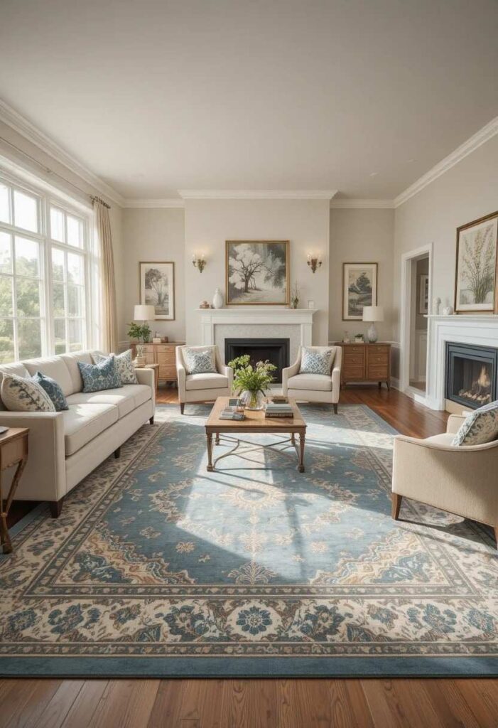 Large patterned area rug anchoring living room furniture arrangement
