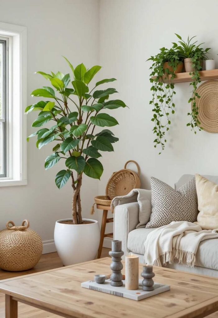 Indoor plants and natural elements styling in a cozy living room