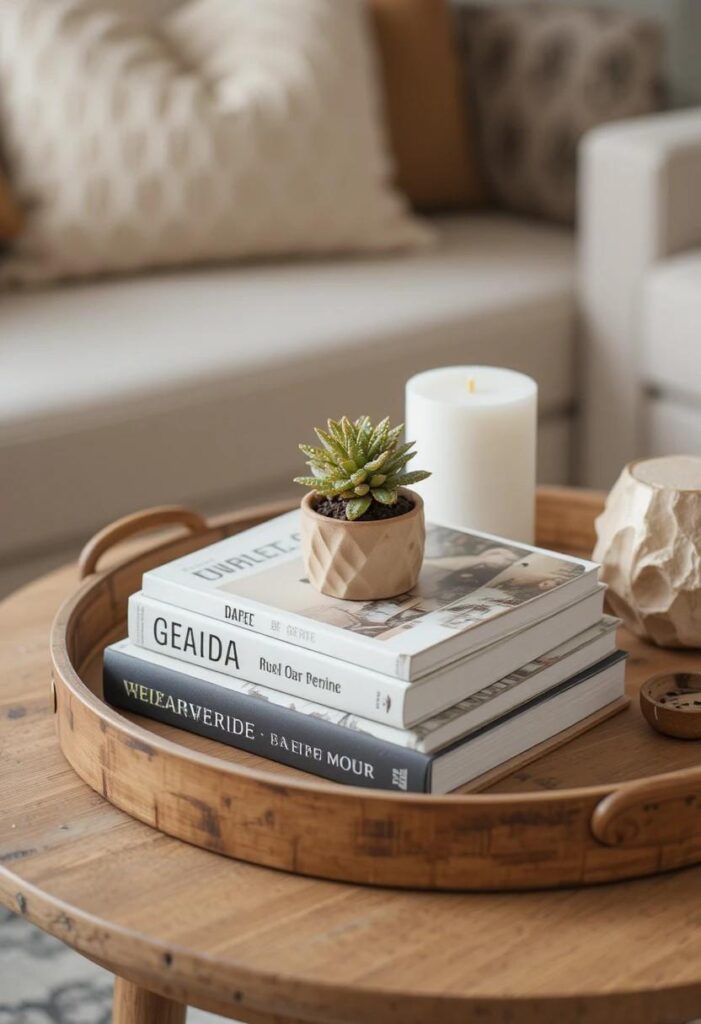 Designer styled coffee table with tray books candle and plant decor