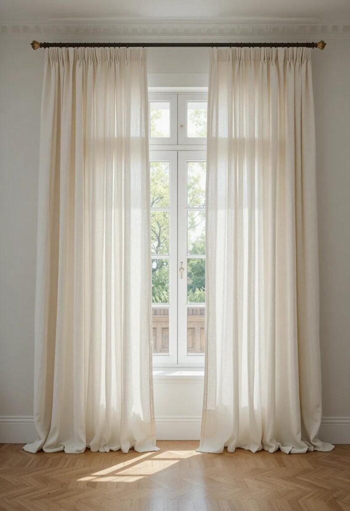 Floor length linen curtains hung high to make windows look larger