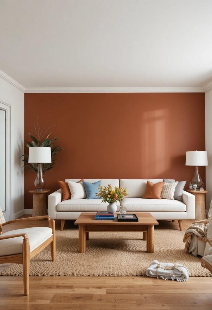 Terracotta accent wall with peel and stick wallpaper in living room