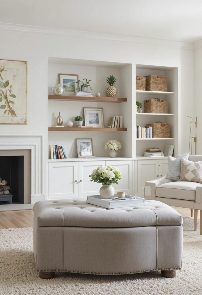 Smart storage solutions with baskets and ottomans in organized living room