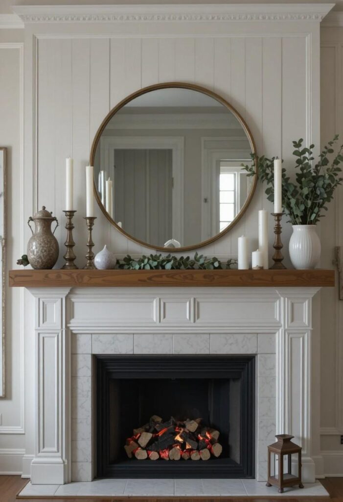 Refreshed white painted fireplace surround with styled mantel decor